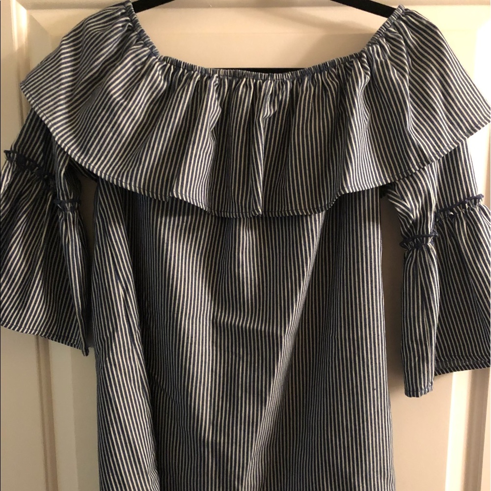 Blue and white striped off-the-shoulder dress